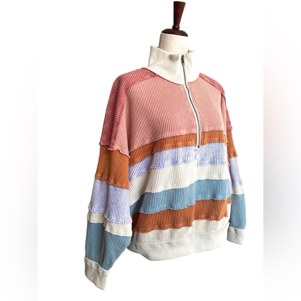 Oli&Hali Washed Color Block Pullover Thermal  Half Zip Oversized Small JT0560 - Picture 2 of 11